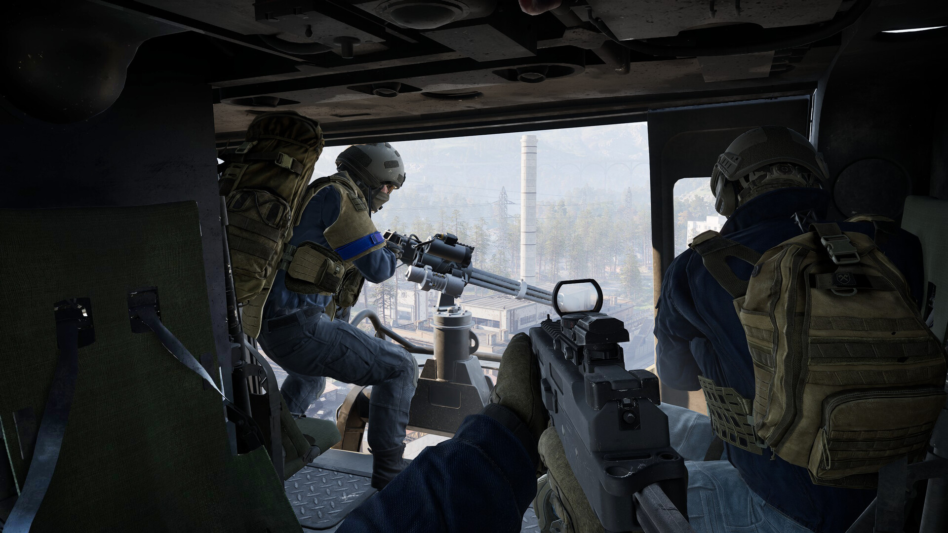WARDOGS team communicating inside a helicopter